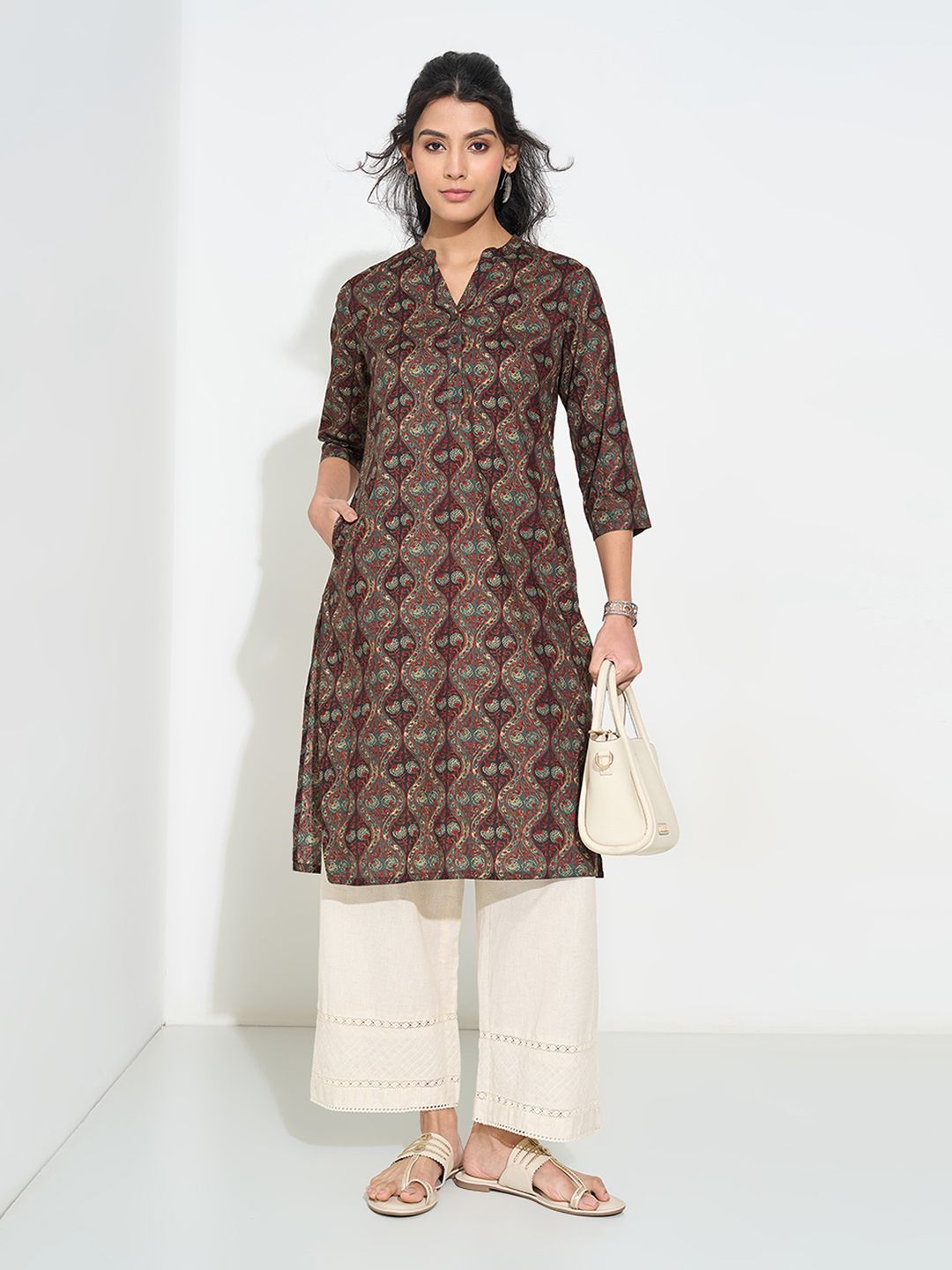 RANGMANCH BY PANTALOONS Floral Printed Mandarin Collar A-line Kurta-picture-24