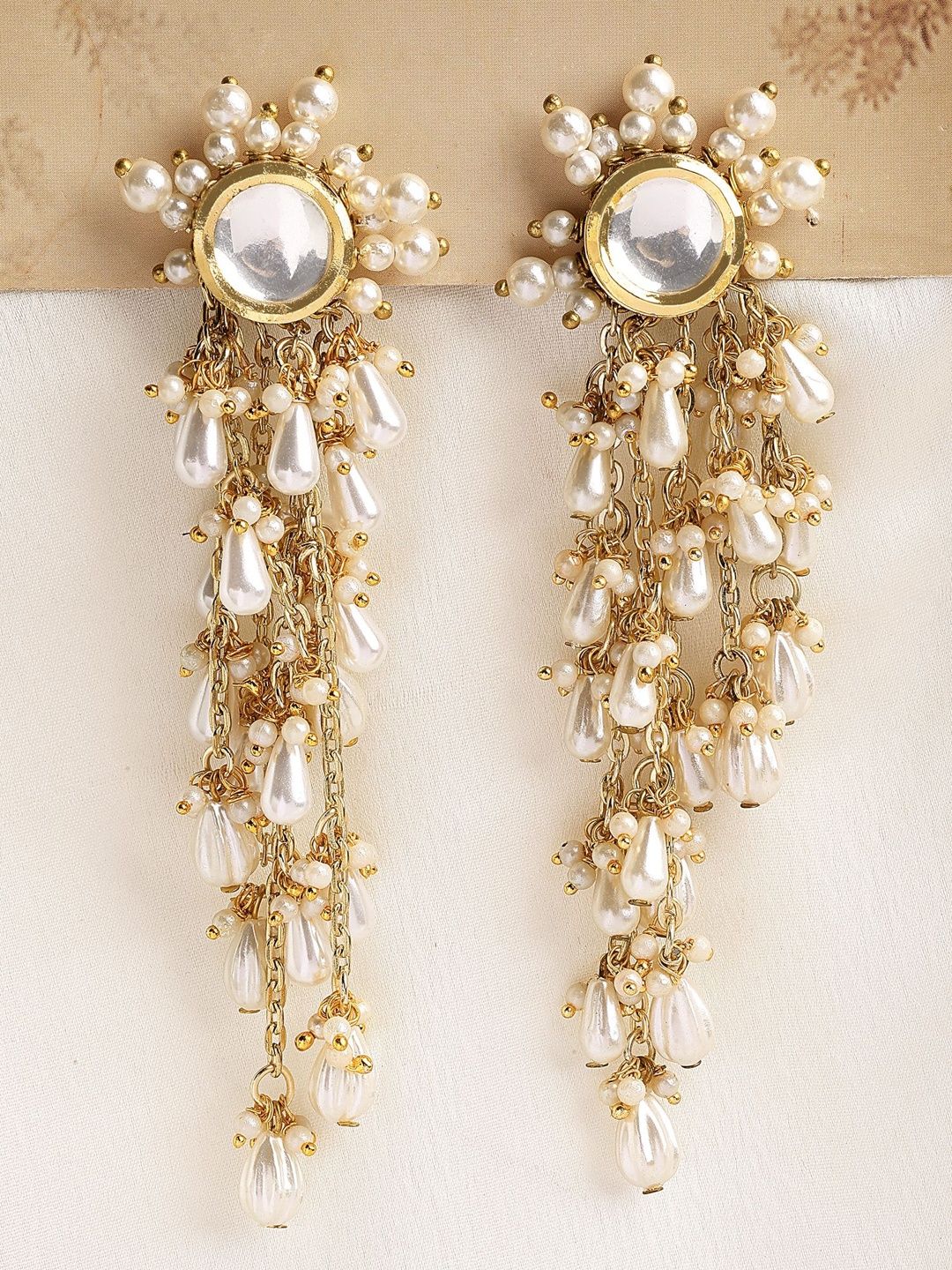KARATCART Gold-Plated Pearls And Kundan Floral Polki Tassels Drop Earrings-picture-31