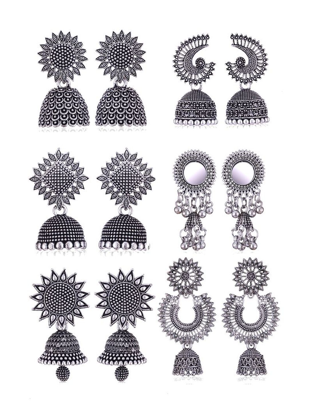 DIVASTRI Women Pack of 6 Geometric Oxidized Silver Jhumkas Earrings-picture-26