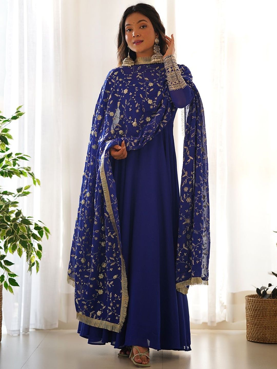 EVANIK Embroidered Round Neck Gotta Patti Georgette Anarkali Kurta With Trousers & Dupatta-picture-30