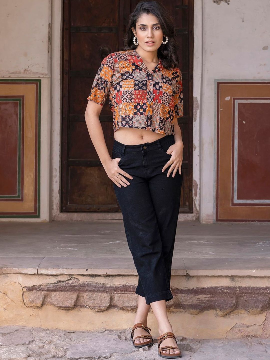 KALINI Geometric Print Cotton Shirt Style Crop Top-picture-18