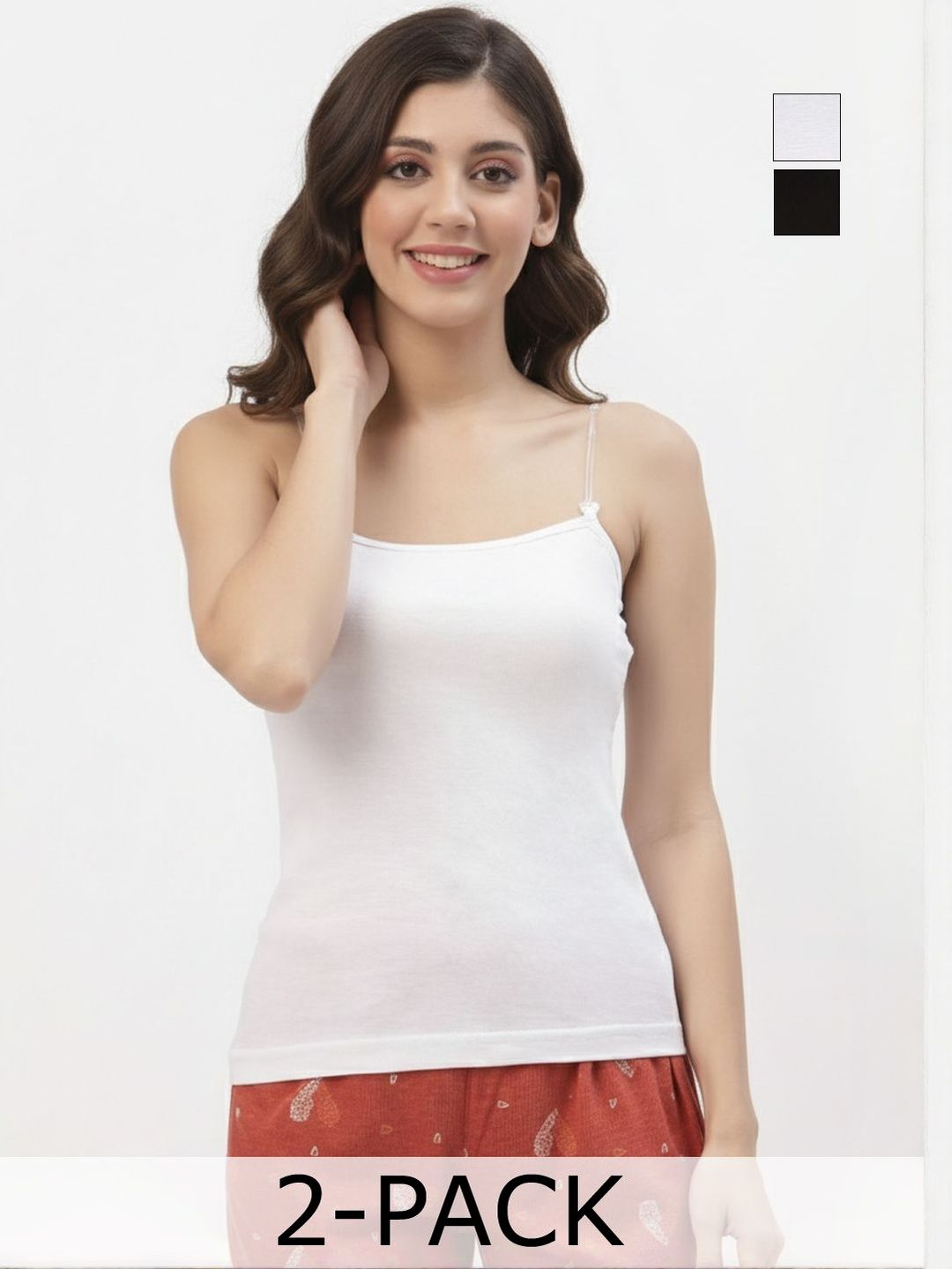 Floret Pack Of 2 Women Solid Pure Cotton Shoulder Straps Non Padded Camisoles-picture-30