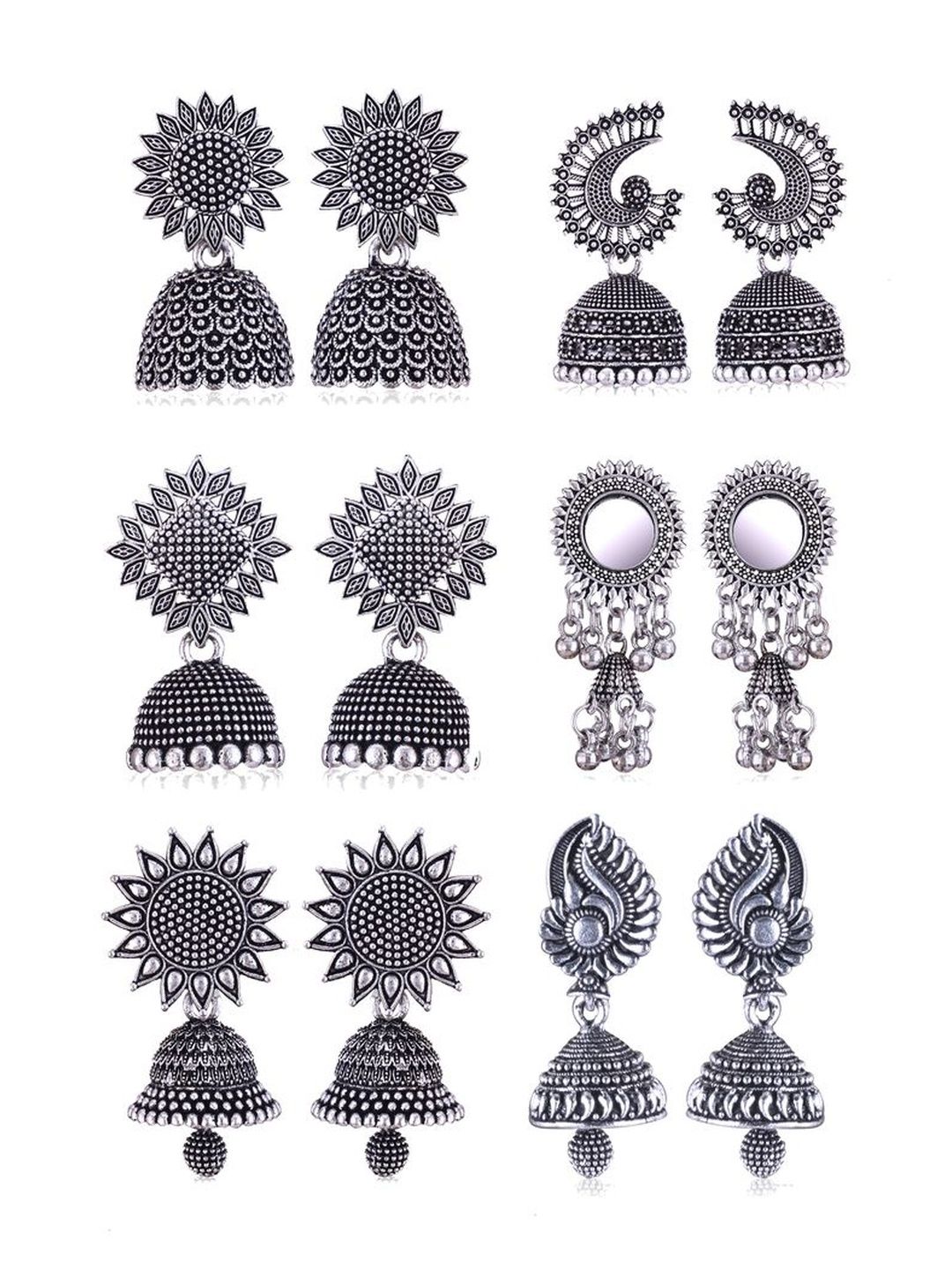 Sangria Set Of 6 Silver-Plated Dome Shaped Oxidized Jhumkas-picture-20