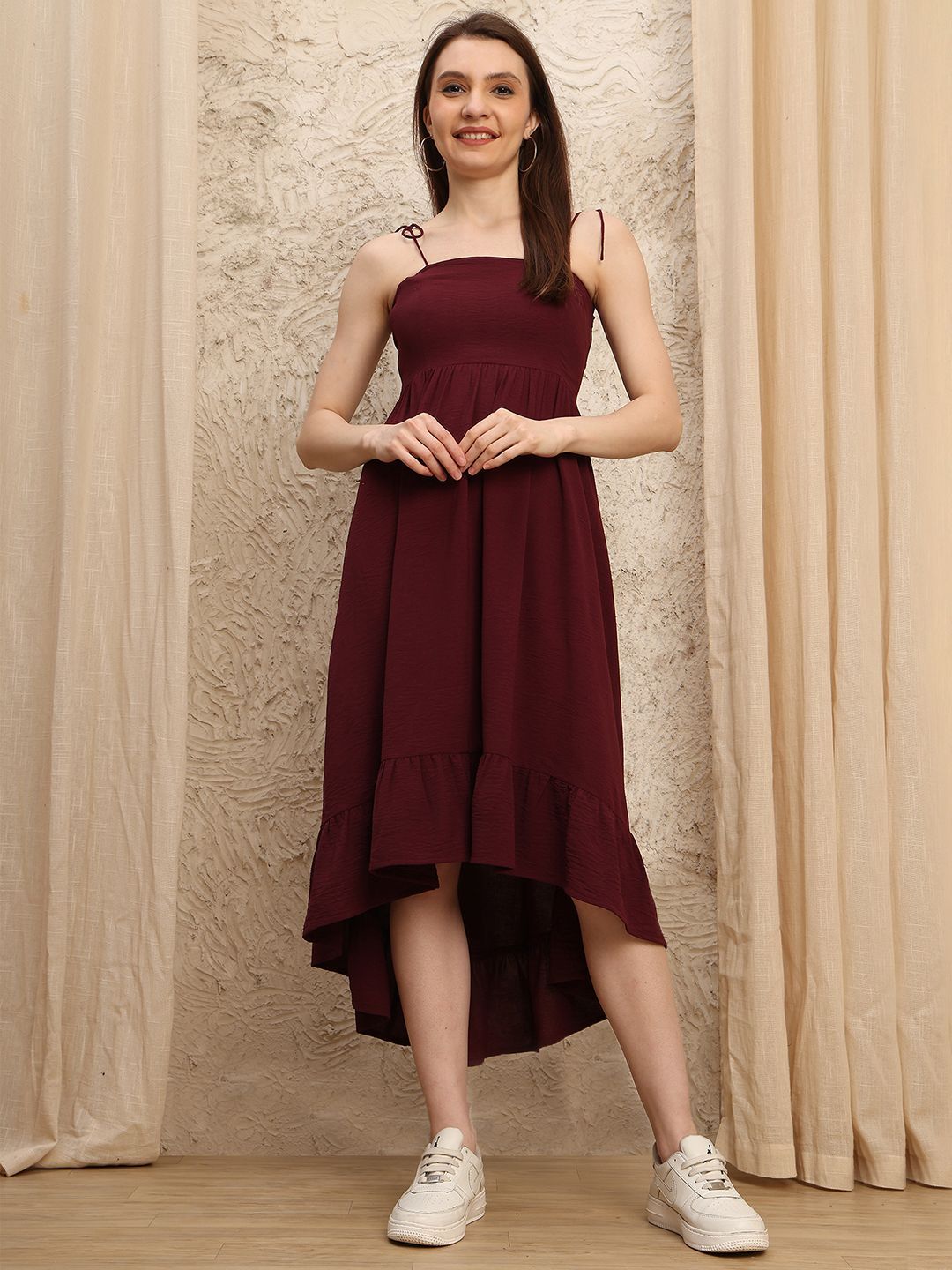 CORSICA Women Solid Shoulder Straps Tiered High-Low A-Line Midi Dress-picture-16