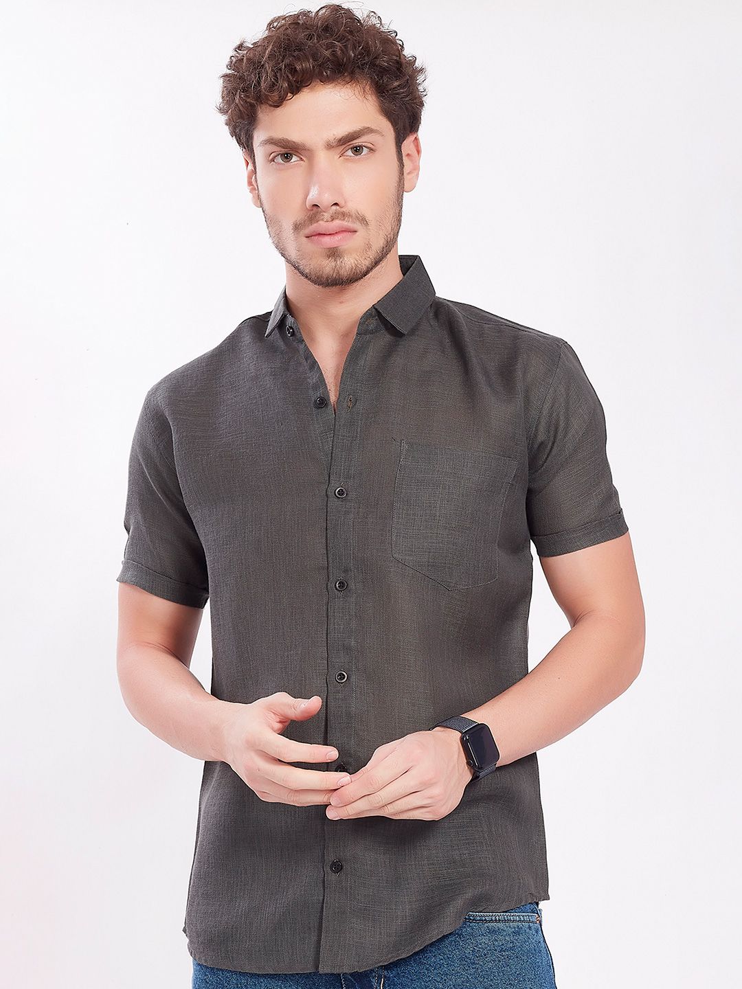 THE BEETEL HOUSE Men Comfort Slim Fit Textured Spread Collar Linen Casual Shirt-picture-38