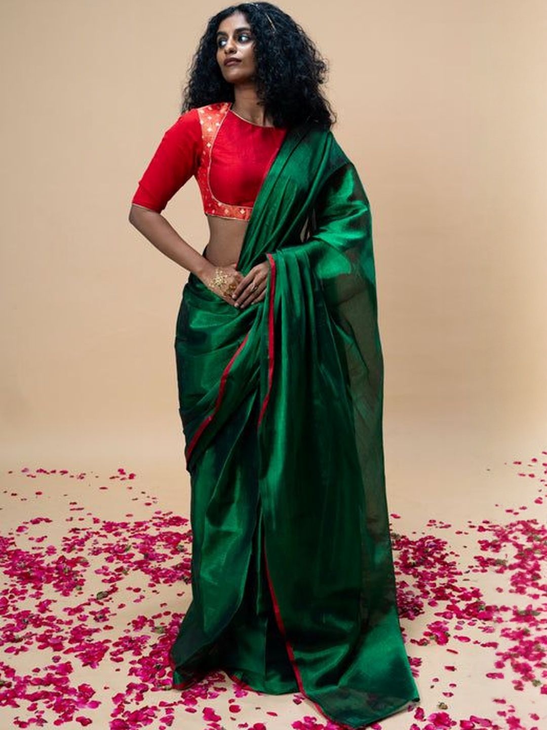 HUTS AND LOOMS Solid Tissue Saree with Blouse Piece-picture-21