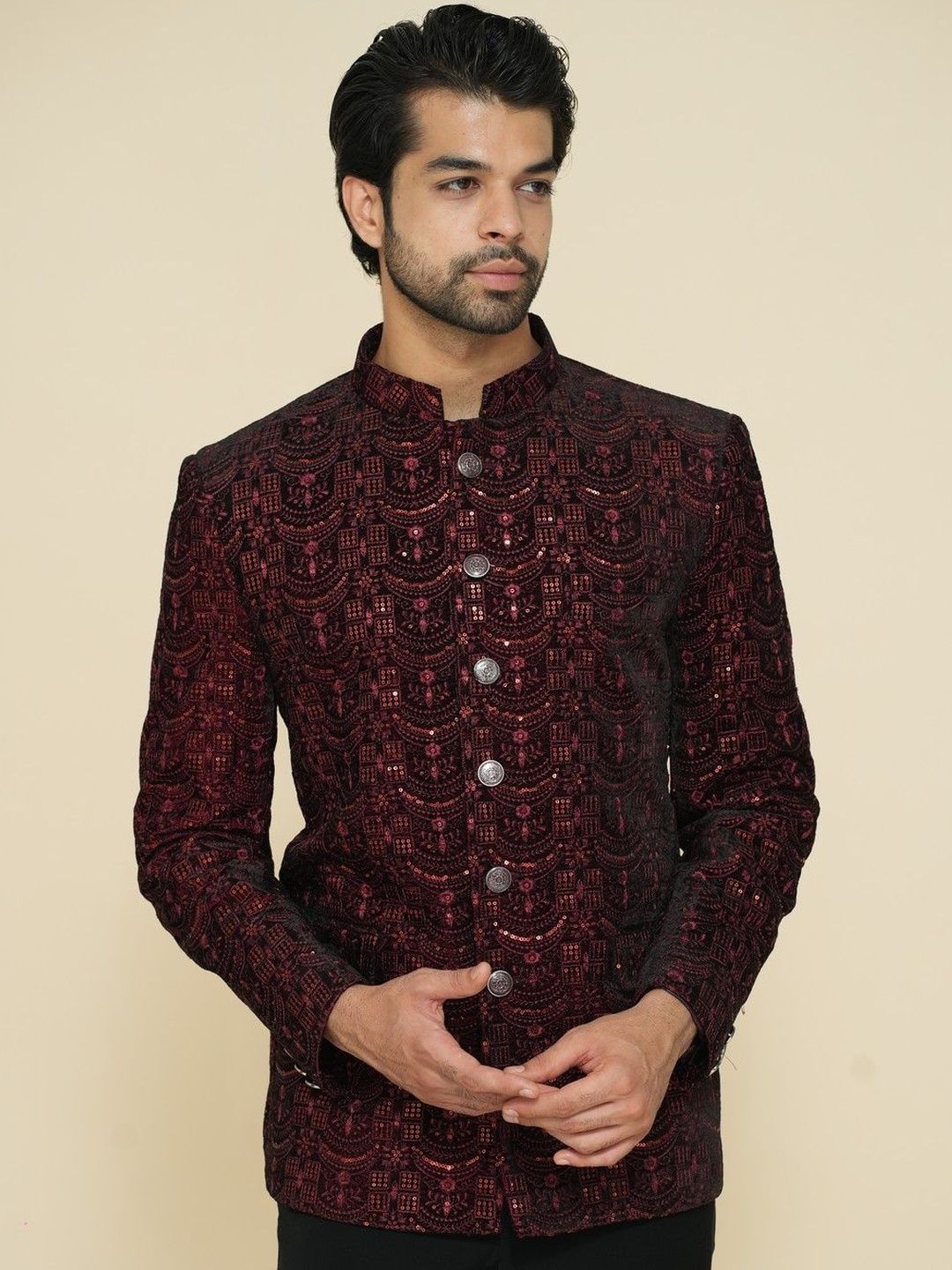 House of Pataudi Self-Design Mandarin Collar Tailored-Fit Velvet Jodhpuri Blazer-picture-30