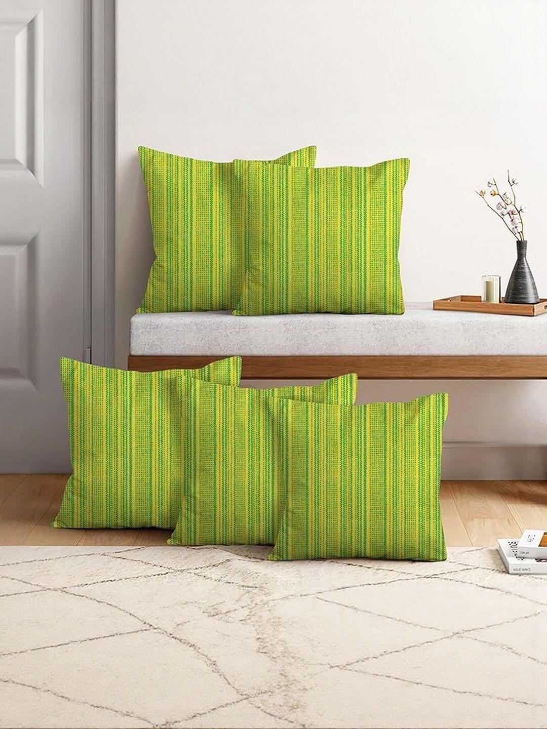 NISSI Green & Yellow 5 Pieces Striped Cotton Square Cushion Covers 16"X16"-picture-15