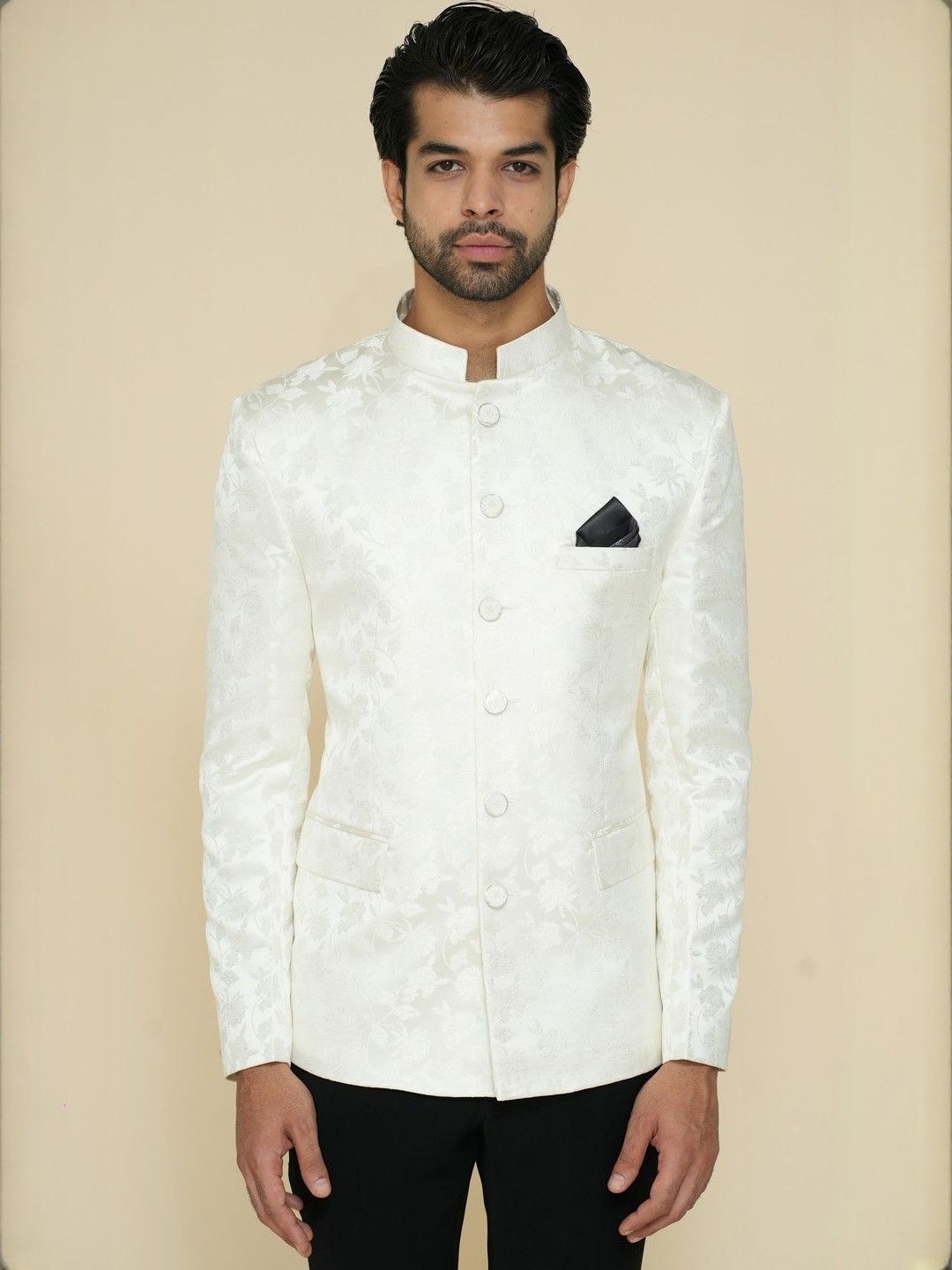 House of Pataudi Self-Design Mandarin Collar Tailored-Fit Pure Cotton Jodhpuri Blazer-picture-55