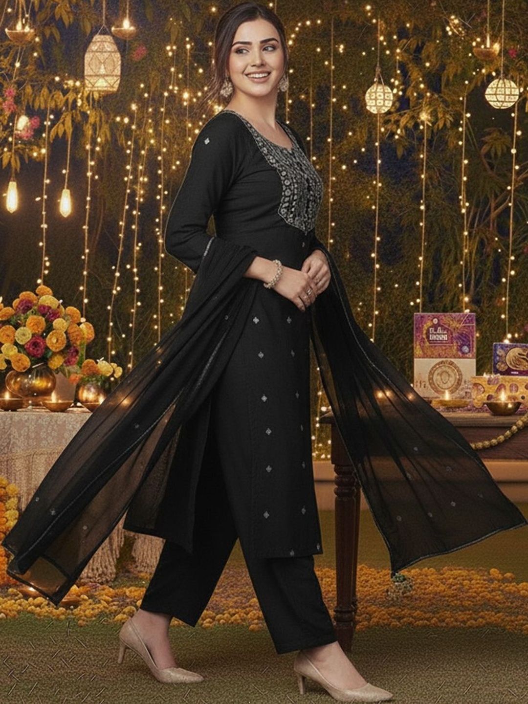 Women Ethnic Motifs Embroidered Regular Thread Work Kurta with Trousers & With Dupatta main image 1