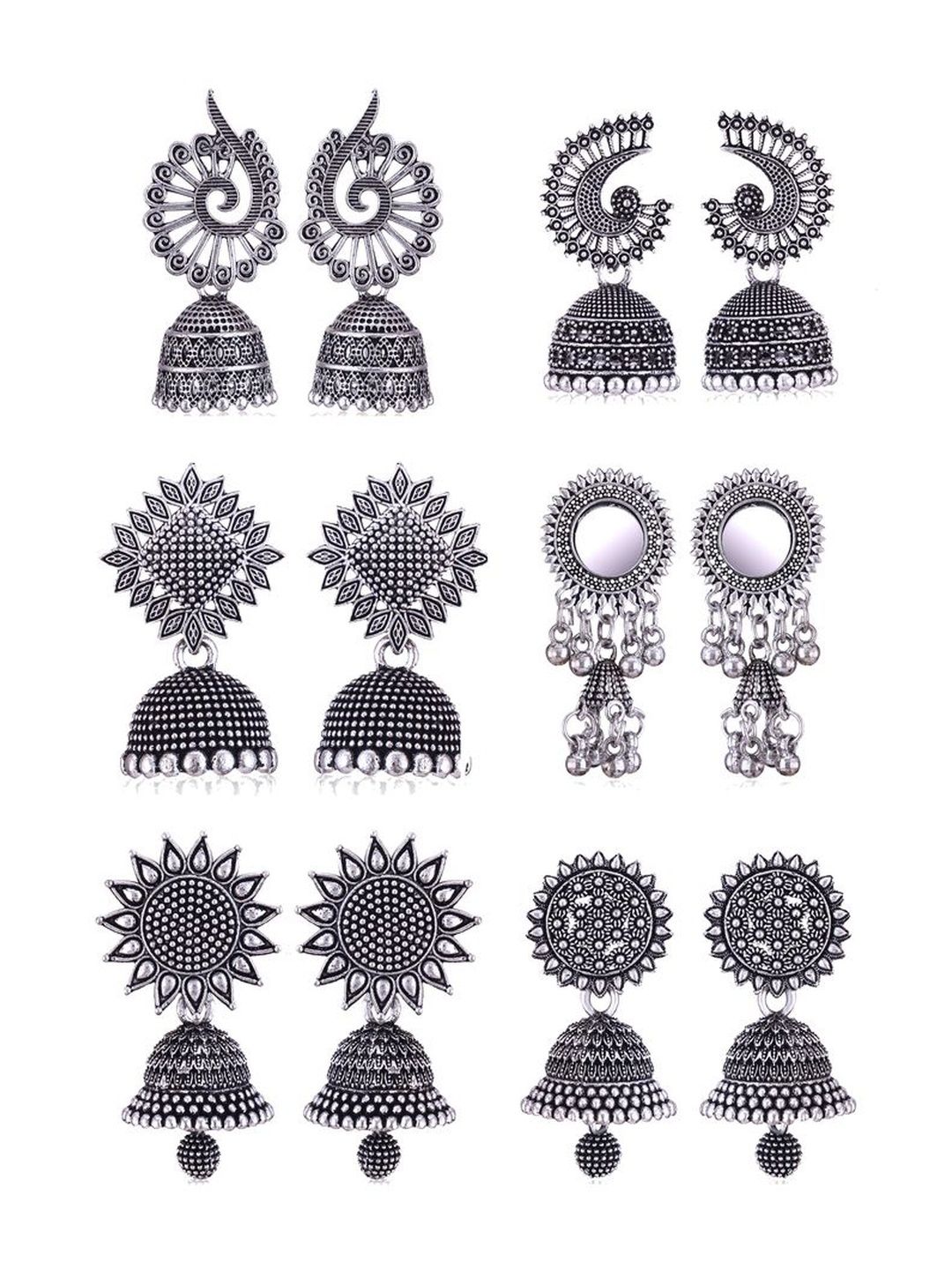 Sangria Set Of 6 Silver Plated Oxidised Dome Shaped Jhumkas-picture-12