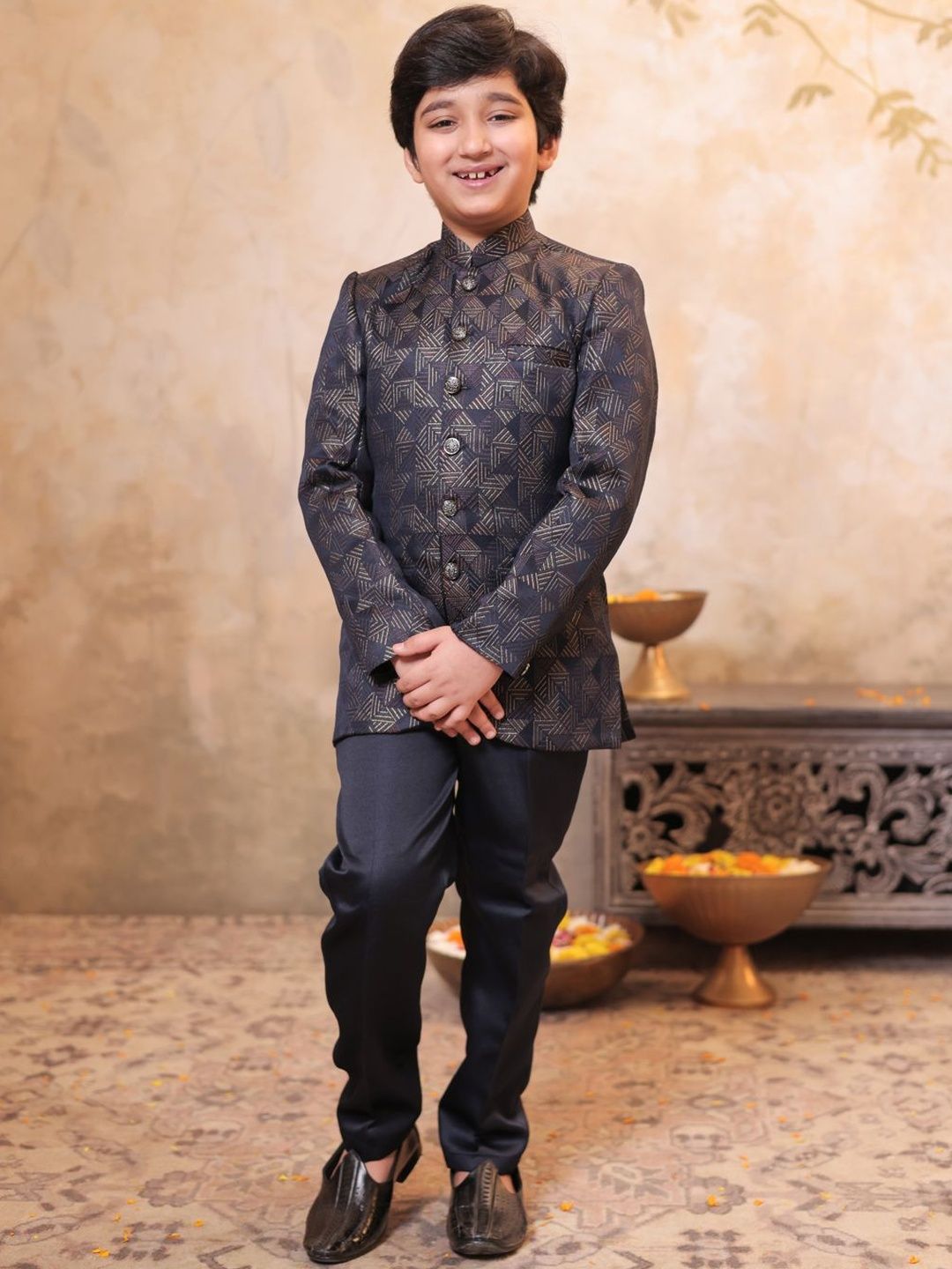 Aj DEZInES Boys Purple Jacquard Full Sleeves Embroidery Sherwani-image-4