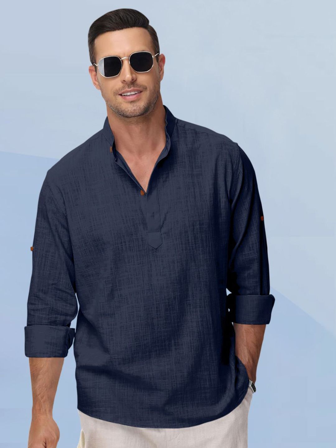 ZELINCO Mandarin Collar Roll-Up Sleeves Straight Short Kurta-picture-31