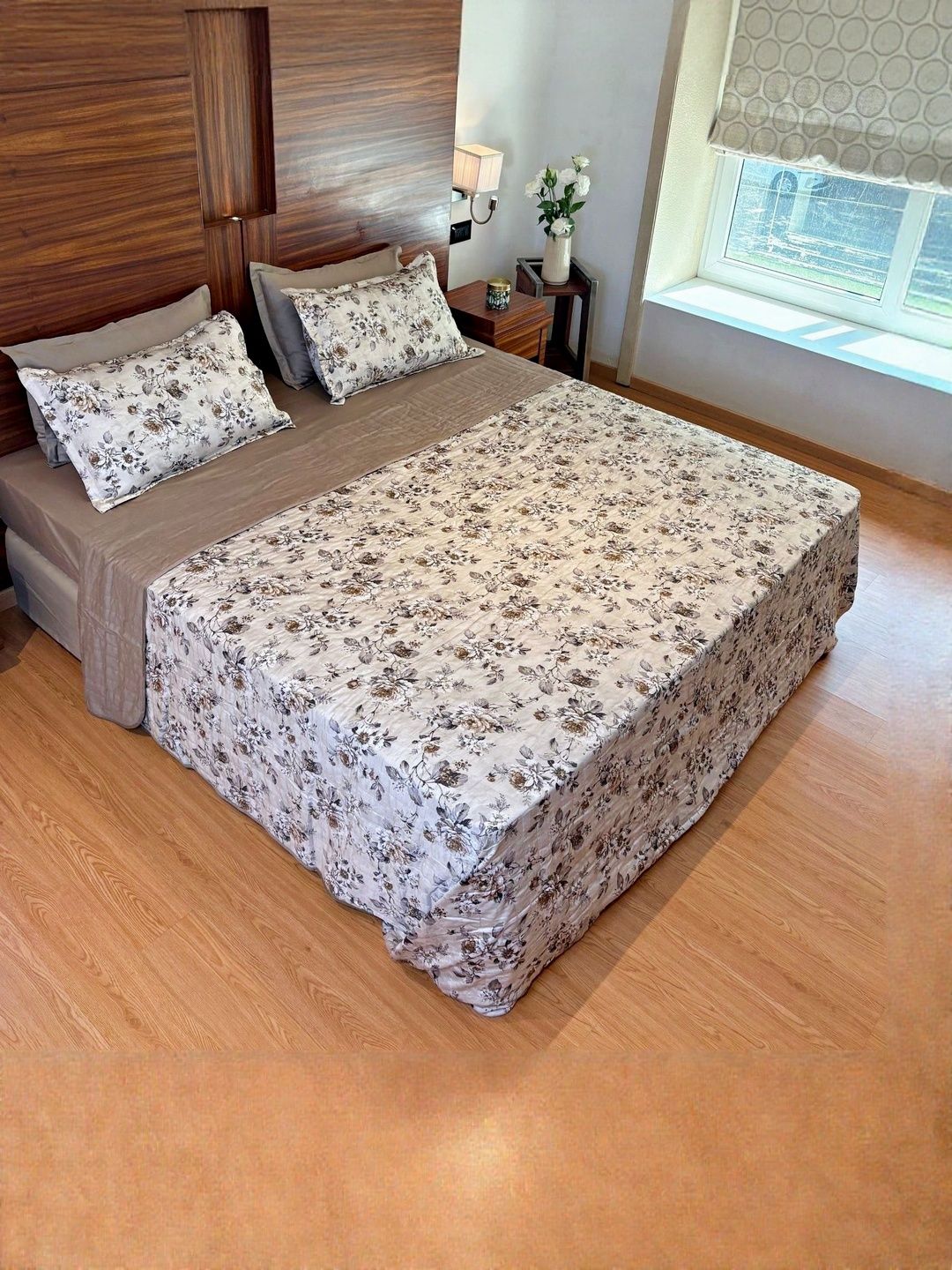 Bells & Whistles Coffee Brown & White Cotton Floral Printed Double King Comforter-image-47