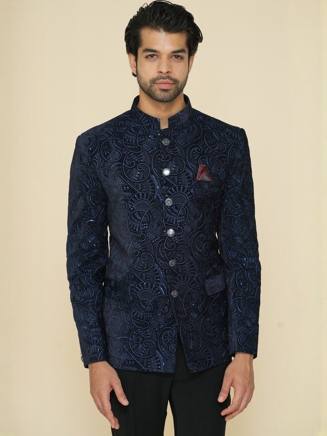 House of Pataudi Self-Design Mandarin Collar Pure Cotton Tailored-Fit Jodhpuri Blazer-image-39