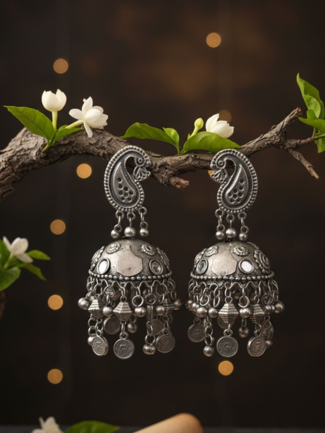 VIVAZS Silver-Plated Peacock Shaped Oxidised Jhumkas-picture-22