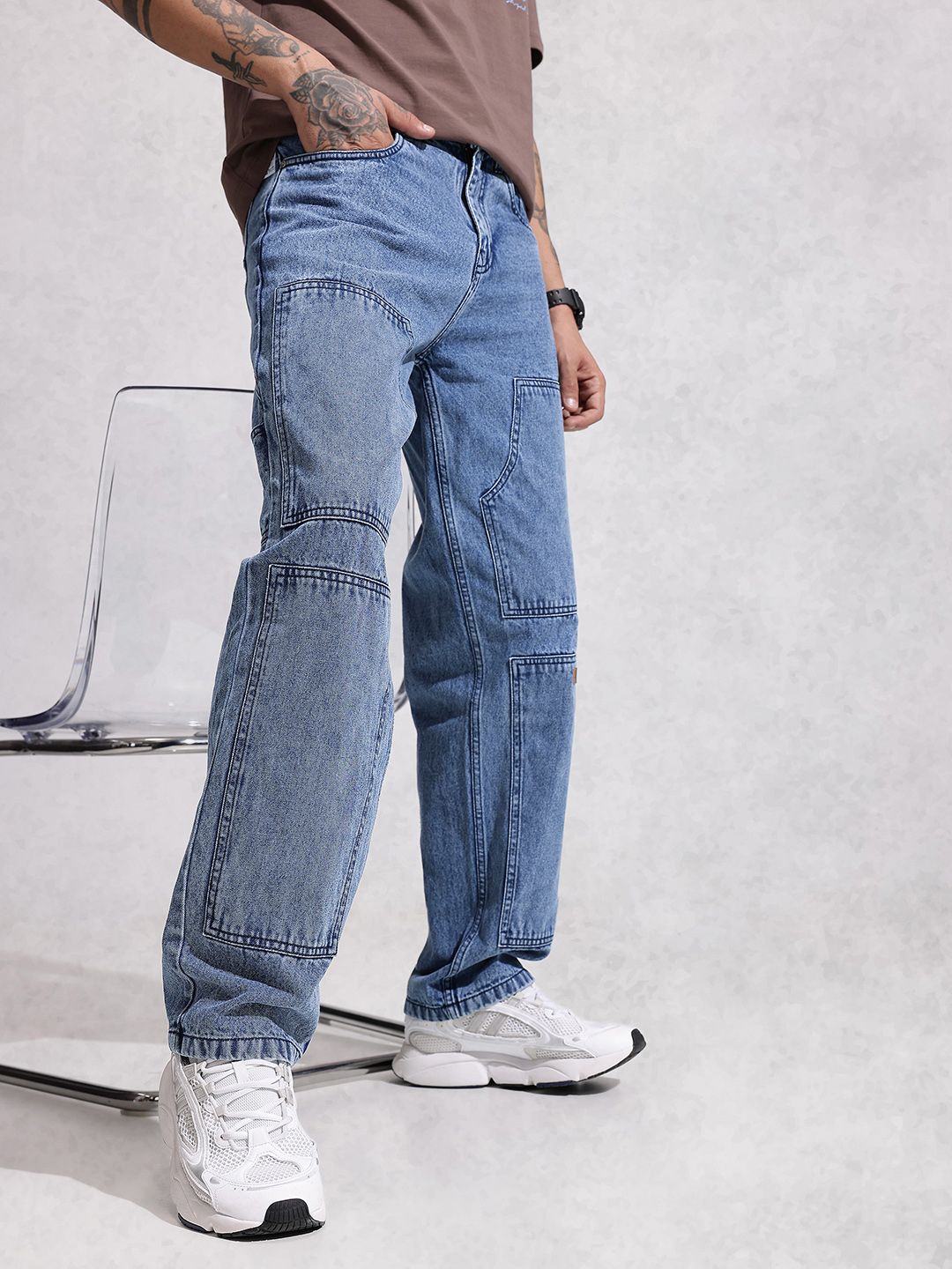 WROGN Men Pure Cotton Loose Fit Embroidered Light Fade Printed Jeans-image-49