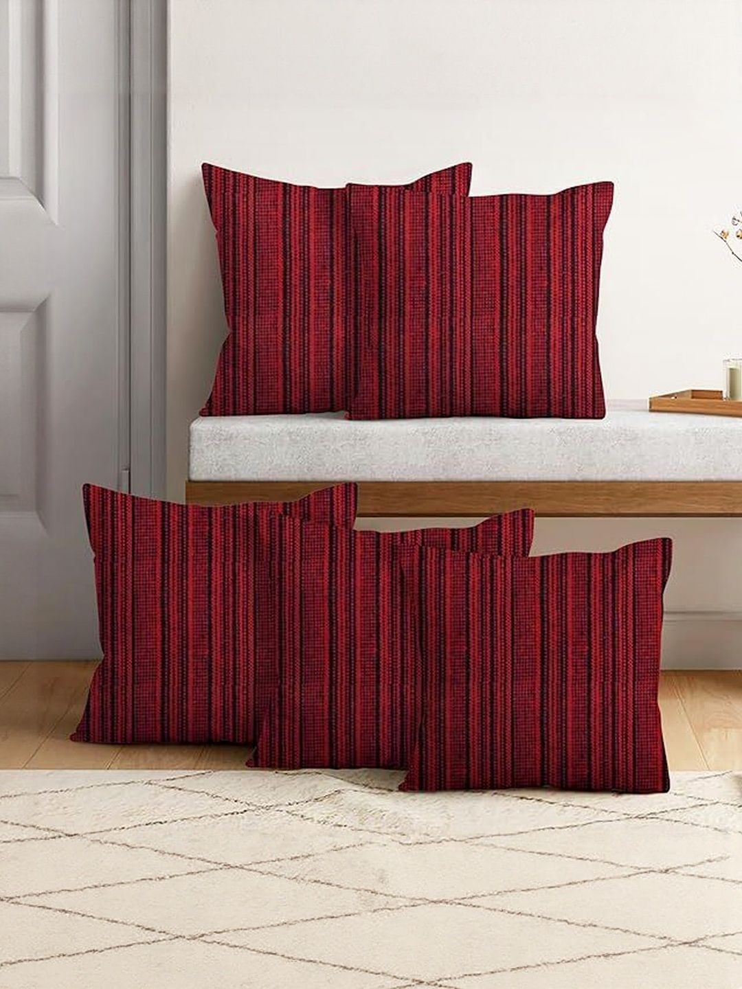 NISSI Red & Black Set of 5 Striped Cotton Square Cushion Covers-picture-28