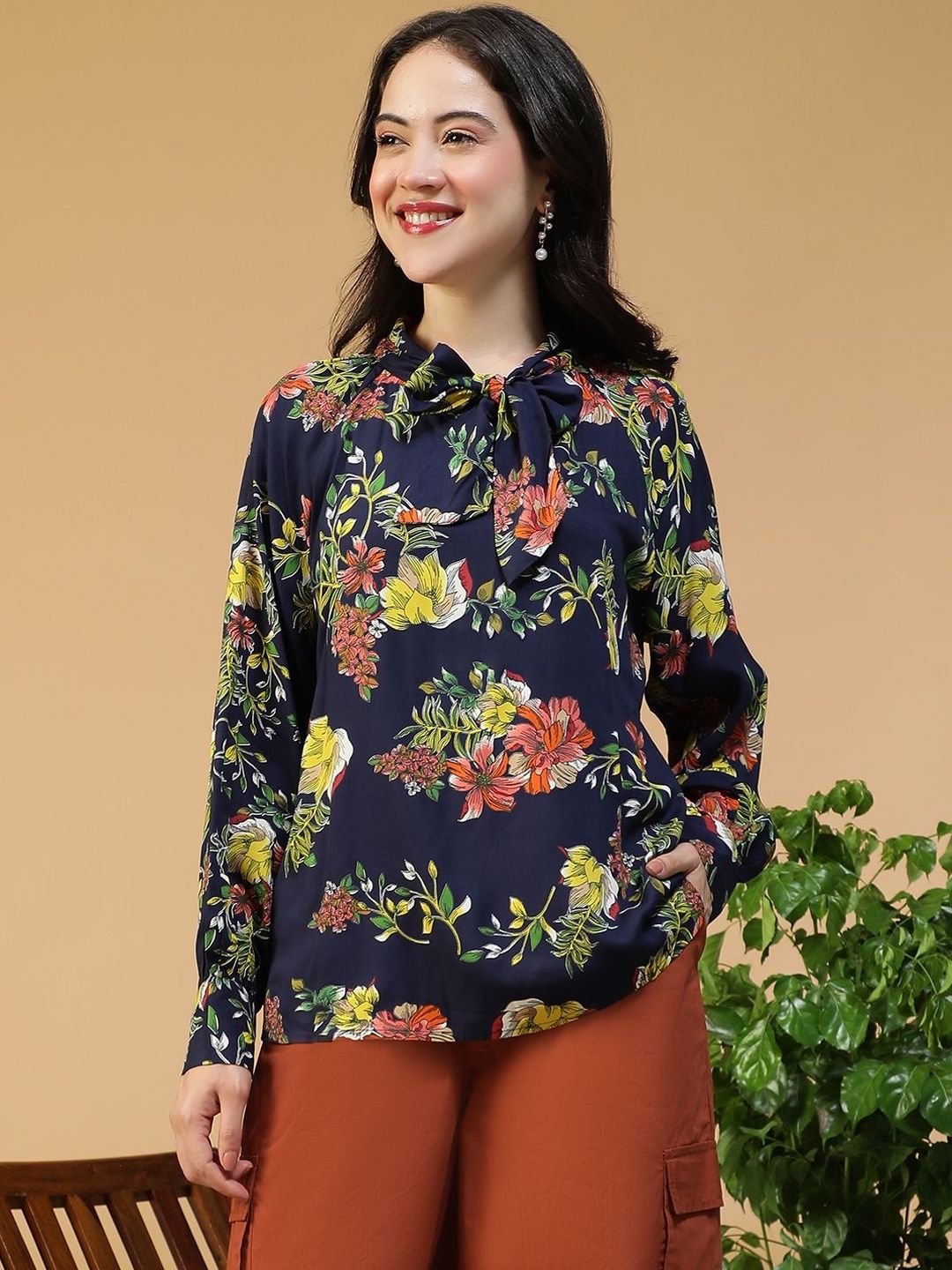 Oxolloxo Floral Printed Tie-Up Neck Long Sleeves Regular Top-picture-41