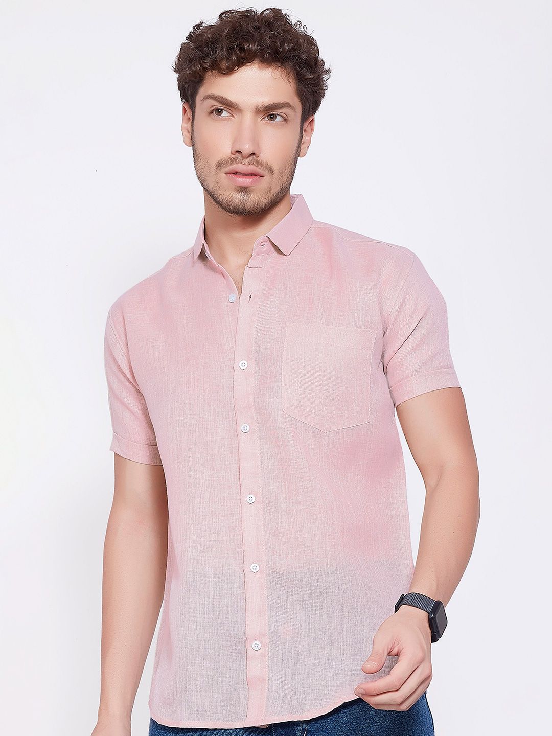 THE BEETEL HOUSE Men Comfort Slim Fit Textured Spread Collar Linen Casual Shirt-picture-36