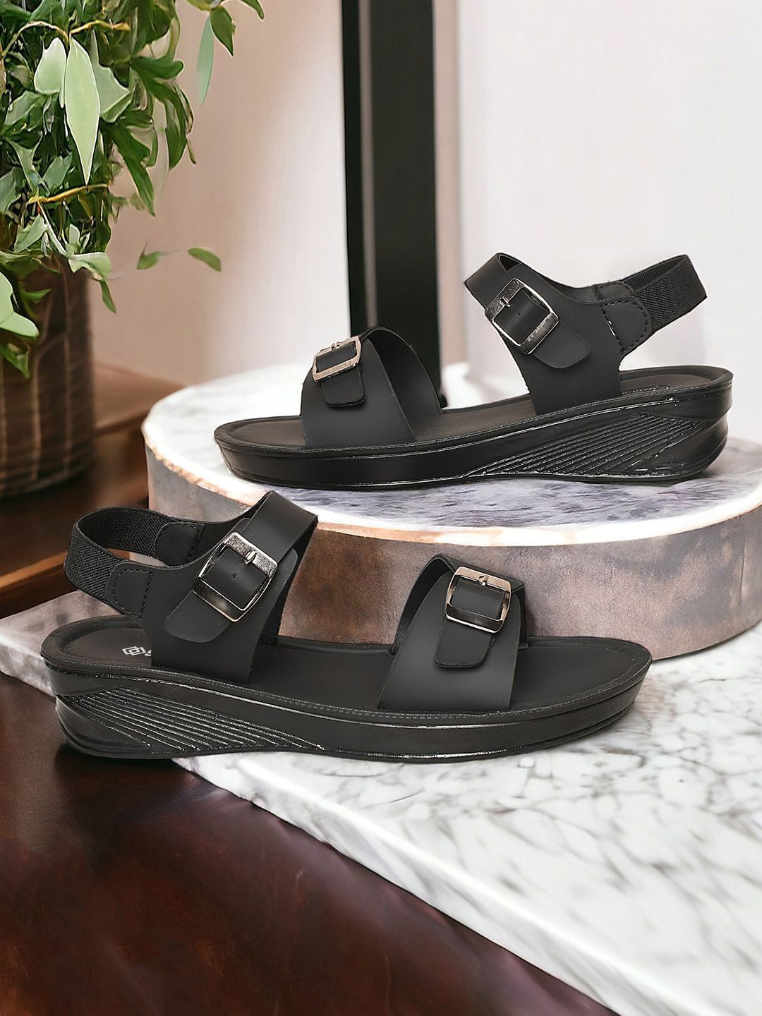 SCHOOZI Women Open Toe Wedge Sandals With Buckles-picture-3