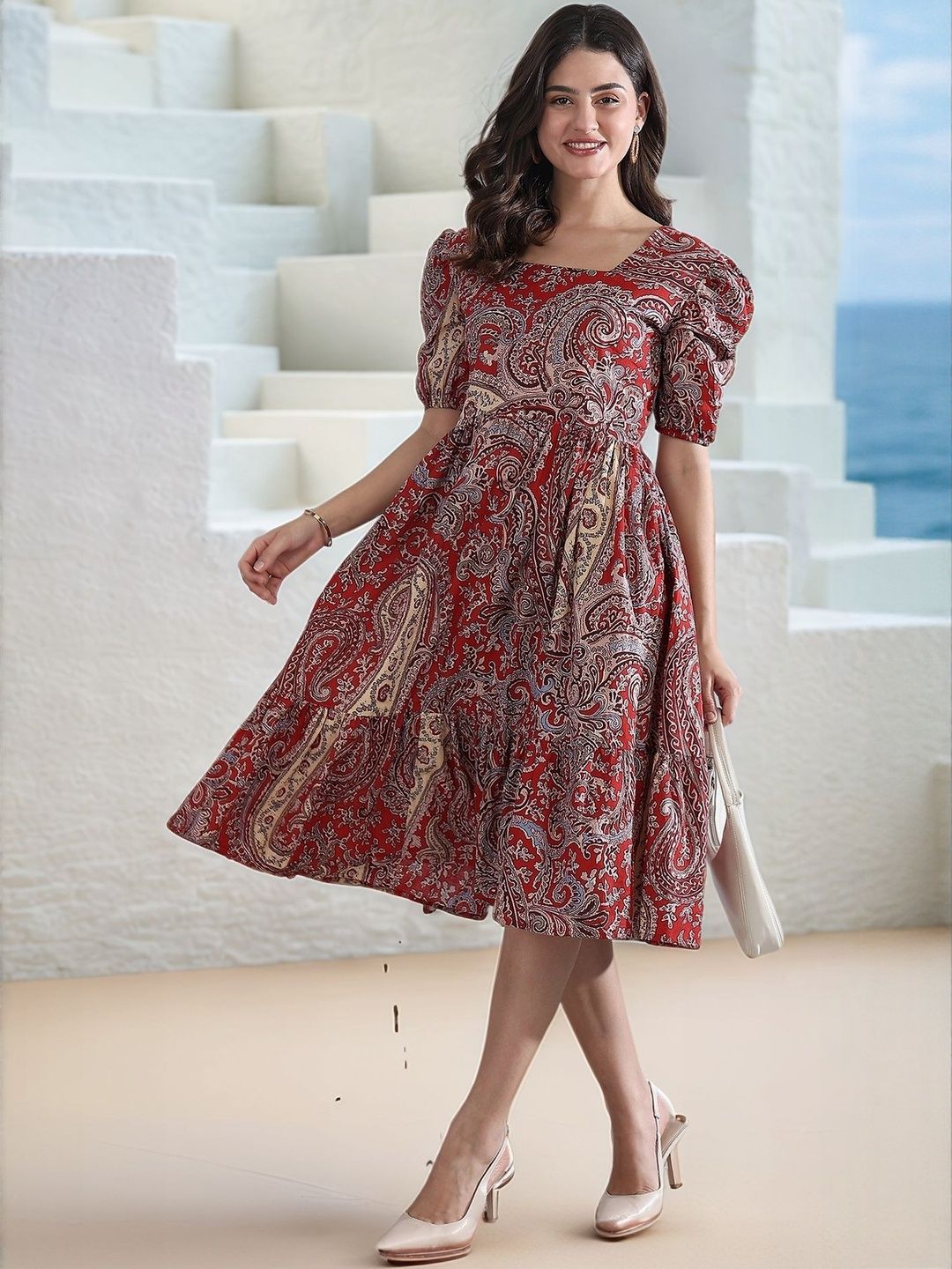 Moda Rapido Women Floral Print Red Cotton Puff Sleeve Fit & Flare Dress-picture-27