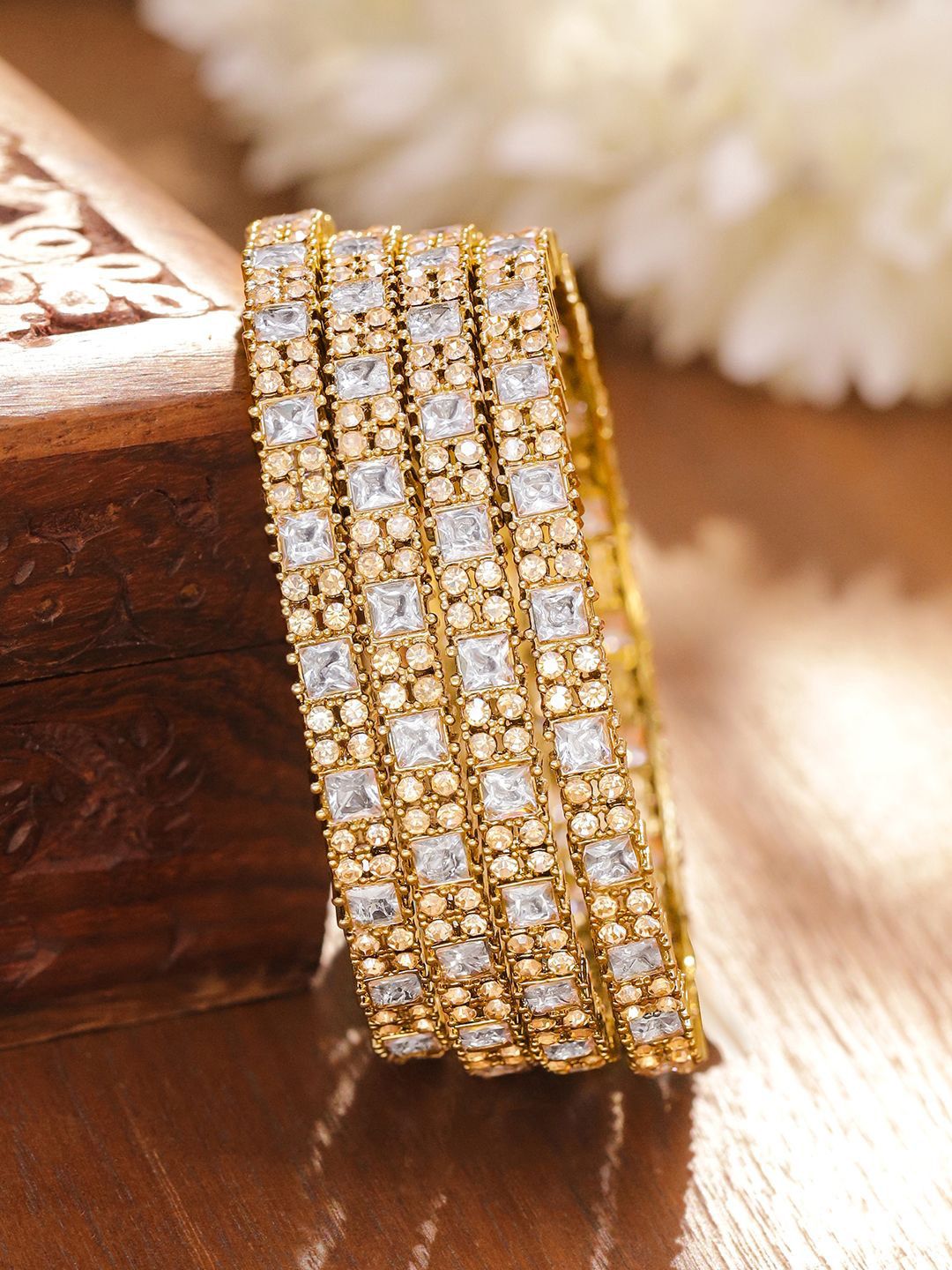 Rubans Set of 4 18K Gold-Plated Square & Round Cubic Zirconia Studded Handcrafted Bangles-picture-30