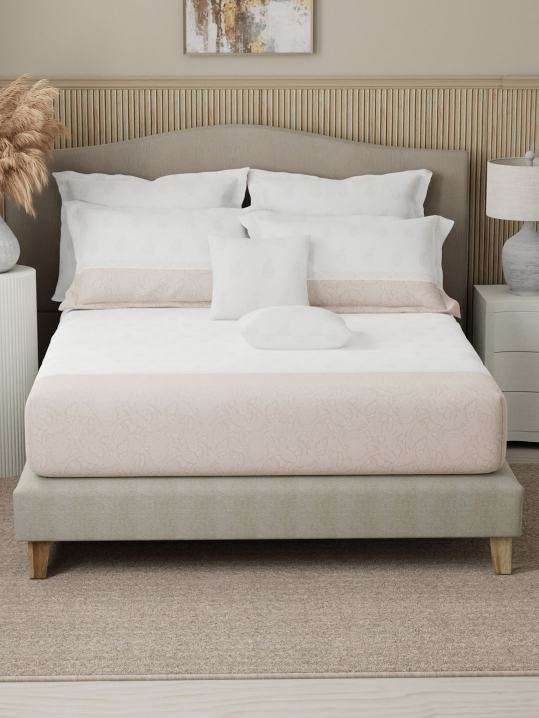 Boutique Living India Beige & White Printed 400TC Cotton King Bedsheet Set 2.74 m x 2.74 m-image-45