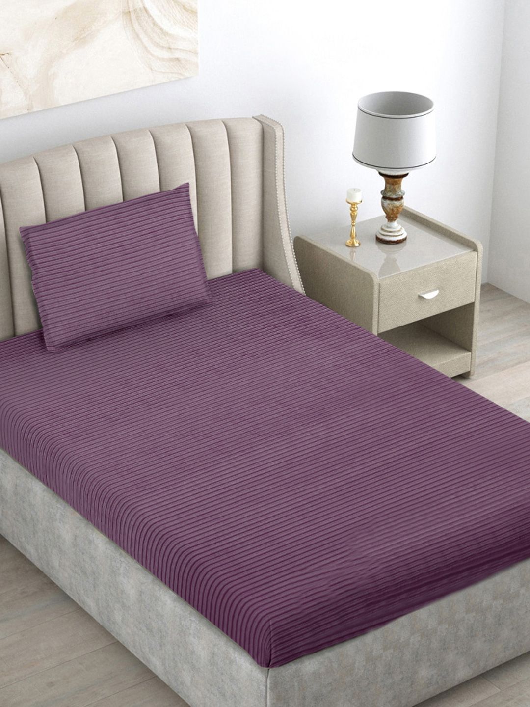 Myntra Elegant Homes Purple Striped 300 TC Single Bedsheet with 1 Pillow Covers-image-43