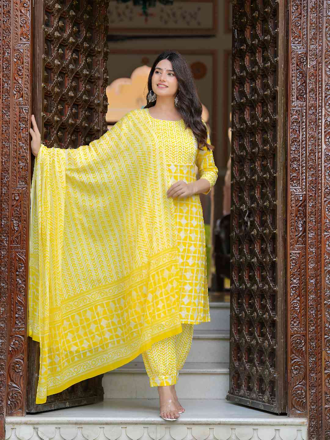 JAIPURI COLLECTION Women Ethnic Motifs Printed Cotton Kurta with Trousers & Dupatta-picture-34