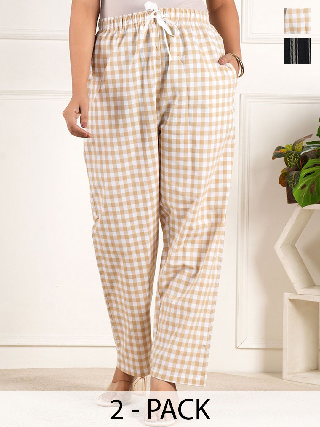 Style Shoes Women Pack Of 2 Checked Cotton Lounge Pants-picture-32