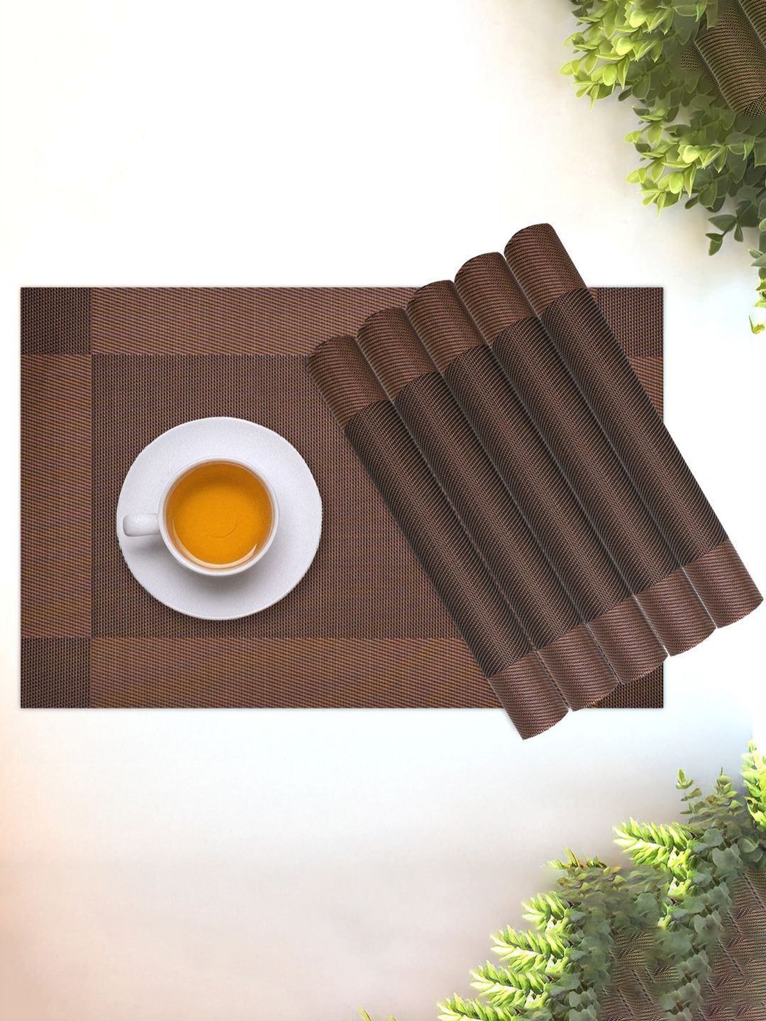 Aura Brown 6 Pieces Border Chatai Designed Heat-Resistant Reusable Table Placemats-picture-21