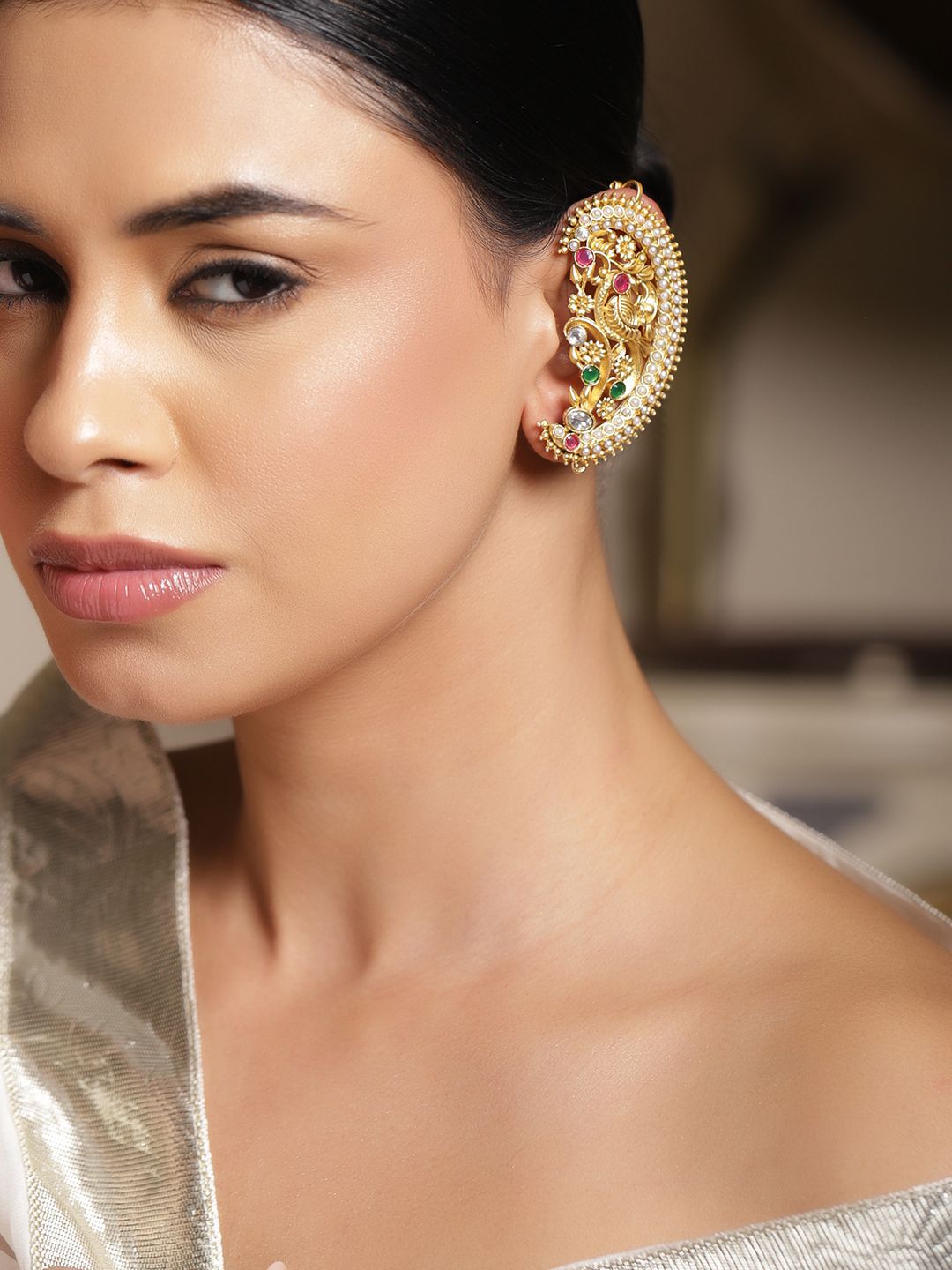 Rubans 18k Gold Plated Artificial Stones Studded Peacock Shaped Ear Cuff-picture-47