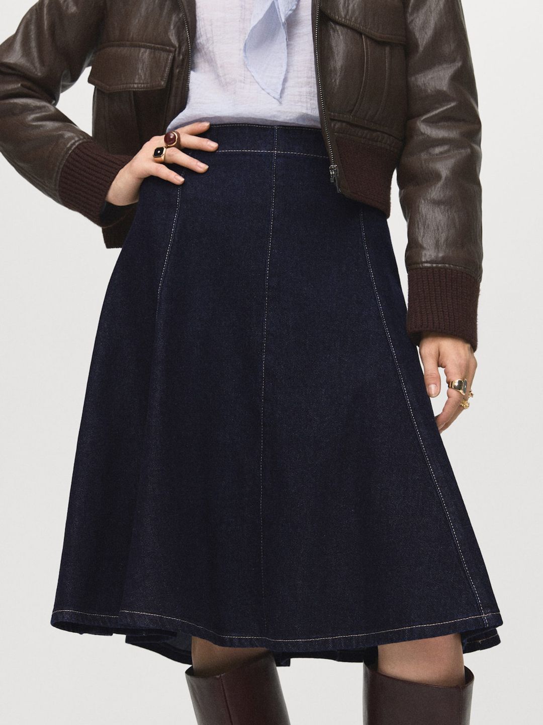 MANGO Paneled Mid Rise Cotton Denim A-Line Skirt-picture-18