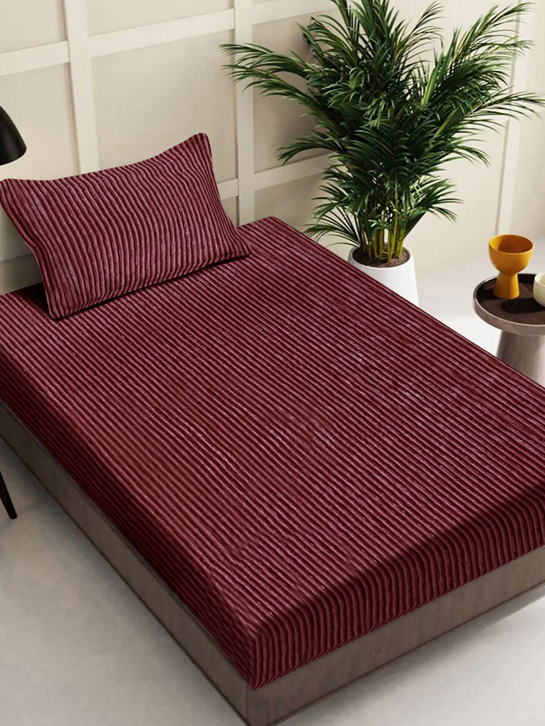 Myntra Elegant Homes Maroon Striped Woollen 300 TC Single Bedsheet Set 2.2 m x 1.5 m-image-38