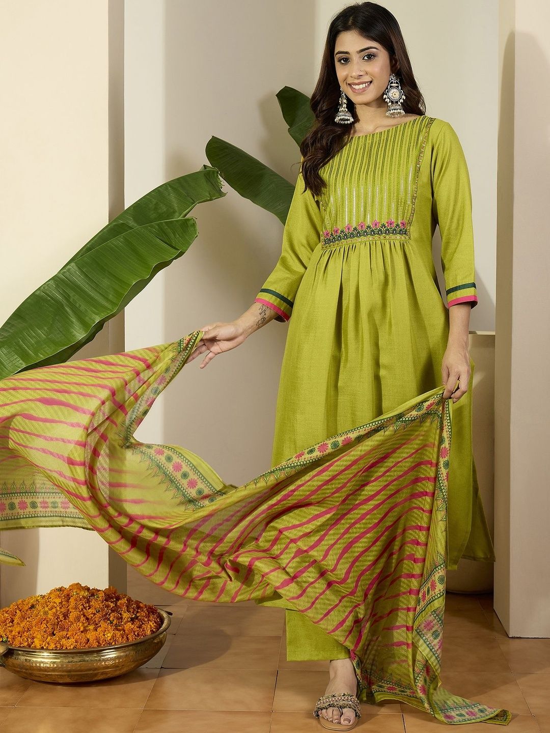 Inddus Women Striped Self Design Kurta with Palazzos & Dupatta-picture-32