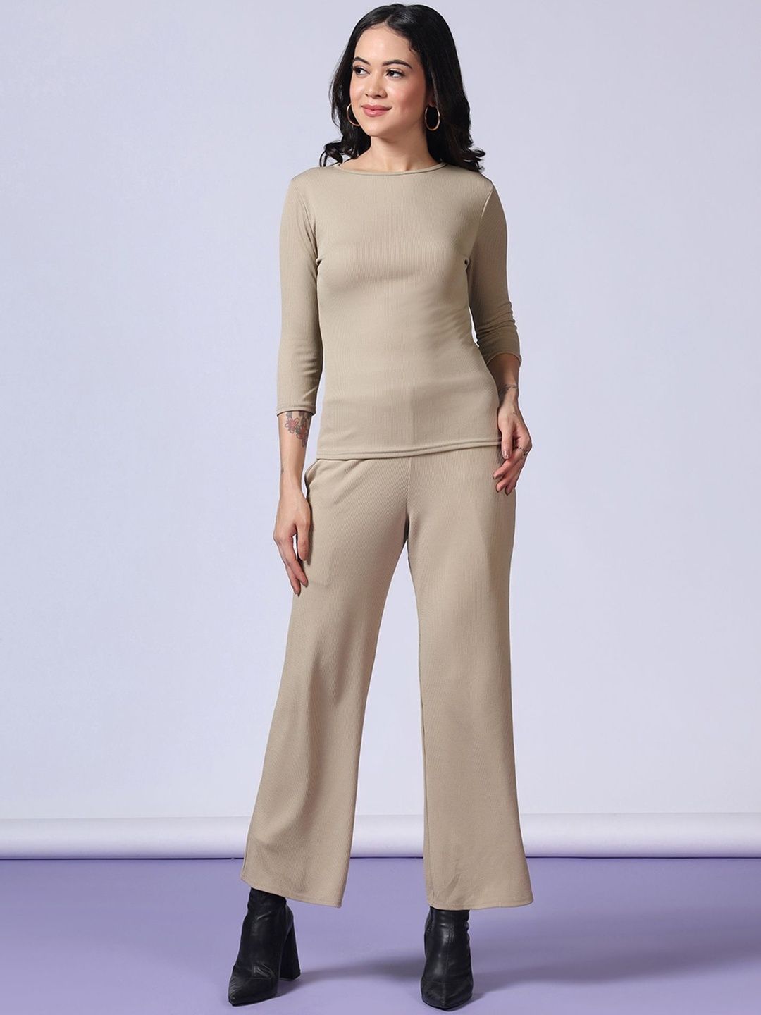SZN Women Beige Solid Polyester Top & Trousers Co-Ord Set-picture-14