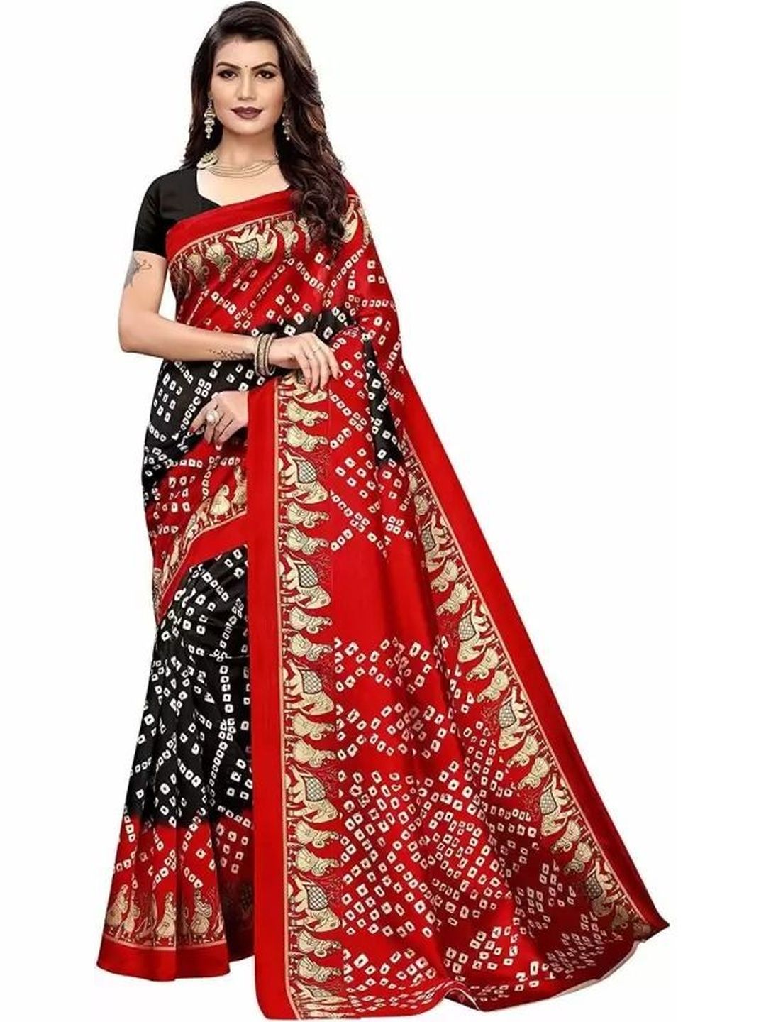 Moda Rapido Women Red & Black Bandhani Art Silk Saree-picture-23