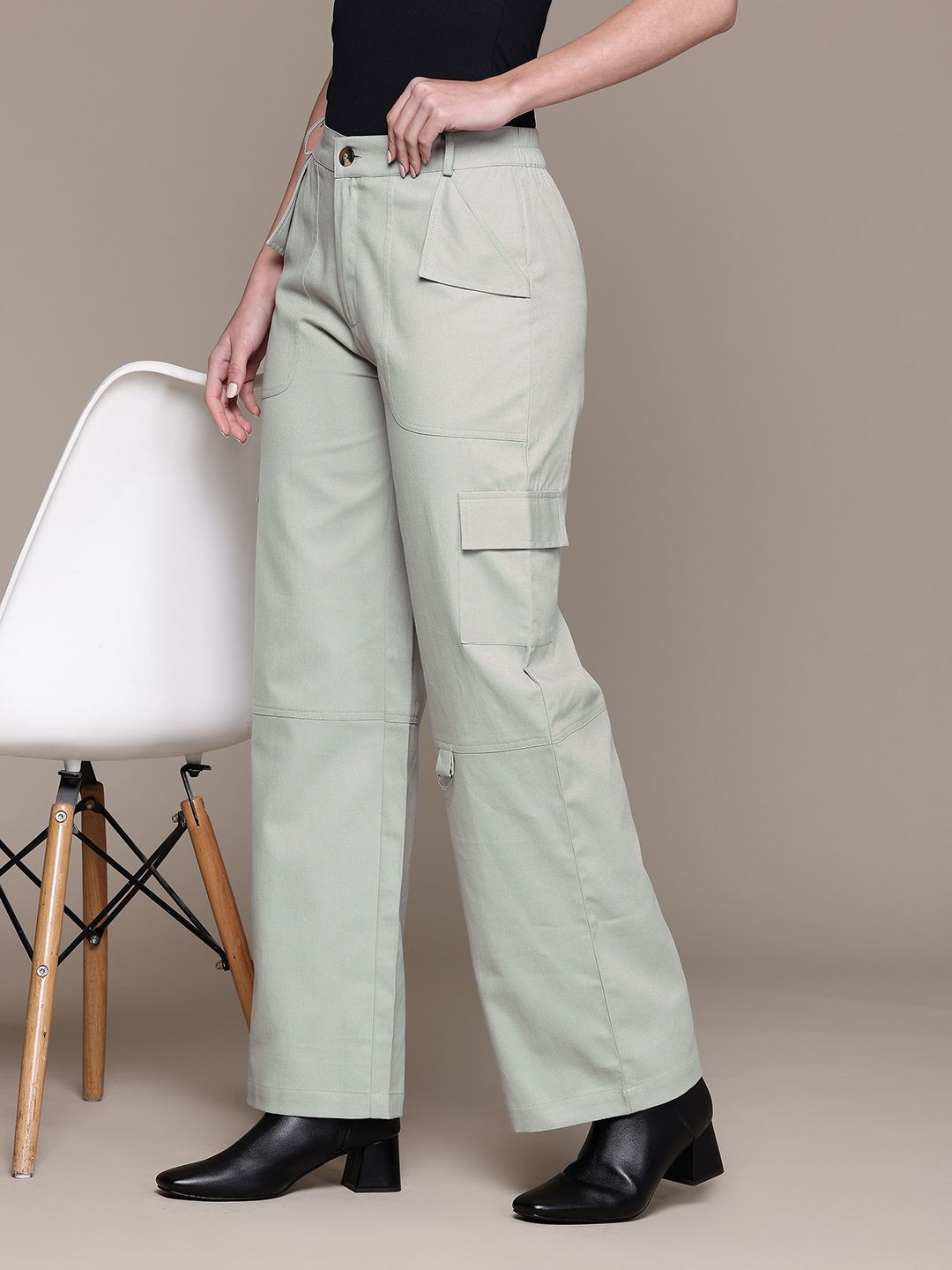 Popnetic Women High-Rise Pure Cotton Twill Weave Cargo-Style Wide Leg Trousers-picture-27