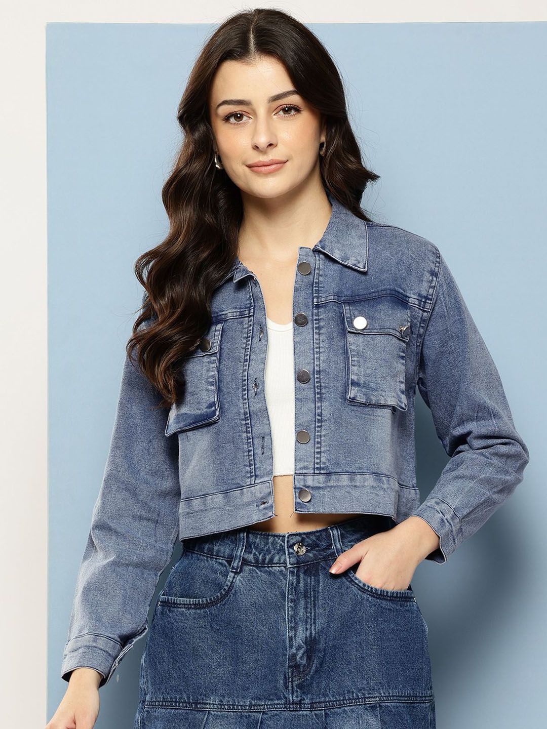 BAESD Women Checked Crop Denim Jacket-picture-40