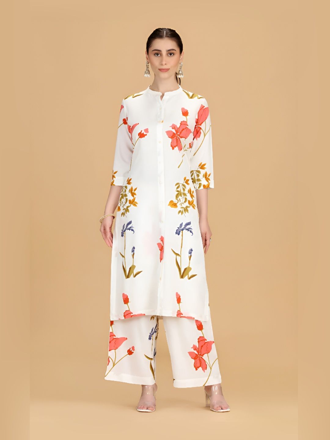 COTTON CULTURE Floral Printed Mandarin Collar Straight Kurta With Palazzos-picture-36