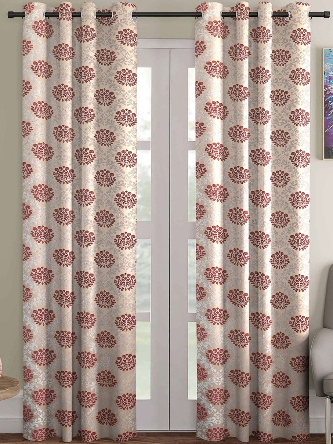Myntra Elegant Homes Beige & Maroon Set of 2 Ethnic Motifs Printed Long Door Curtain-picture-58