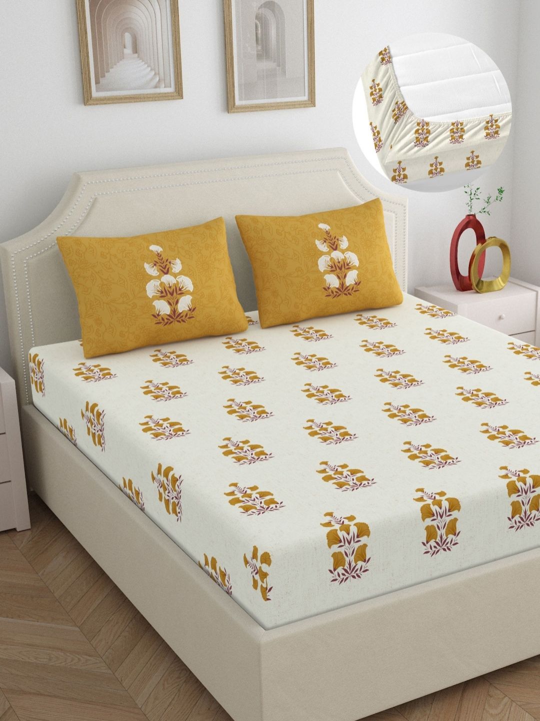 Home Ecstasy Mustard & White Floral 140 TC Pure Cotton King Bedsheet Set 1.83 m x 1.98 m-image-36