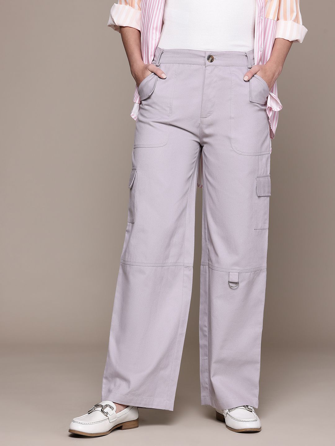 Popnetic Women High-Rise Pure Cotton Twill Weave Cargo-Style Wide Leg Trousers-picture-28