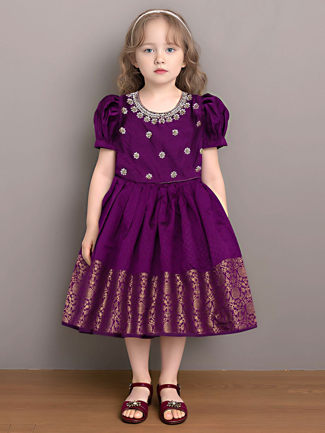 Ethzy Kids Round Neck Floral Embroidered Puff Sleeve Fit & Flare Dress-image-30