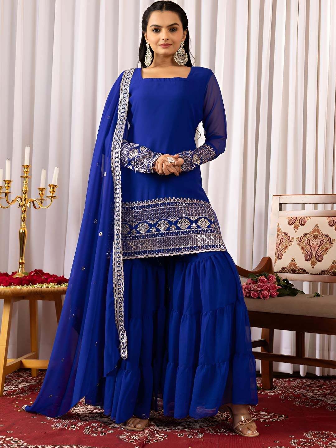 BAESD Women Ethnic Motifs Embroidered Regular Sequinned Kurta with Sharara & Dupatta-picture-19