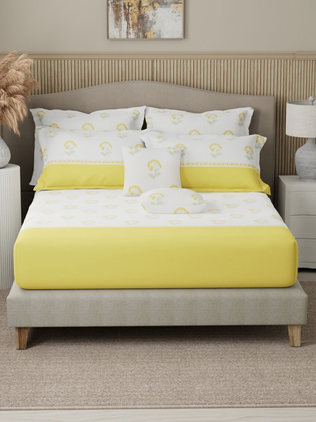 Boutique Living India Yellow & White 400TC Cotton King Bedsheet Set 2.74 m x 2.74 m-image-40