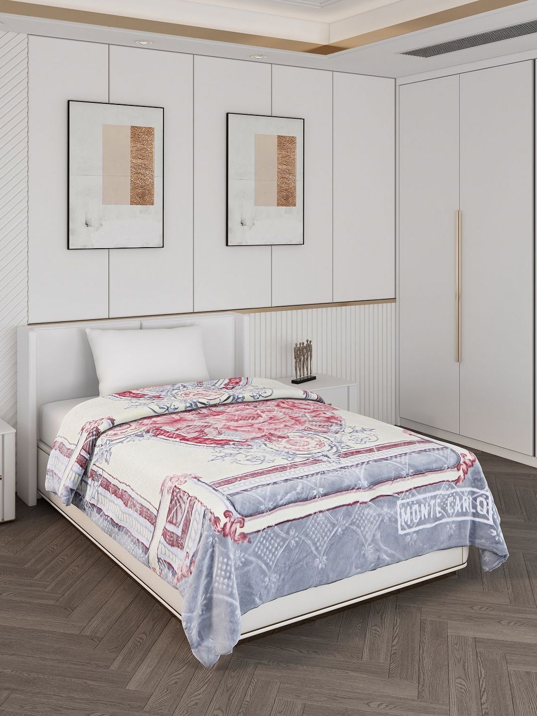 Monte Carlo White & Pink Printed 1000 GSM Heavy Winter Single Bed Blanket-image-13