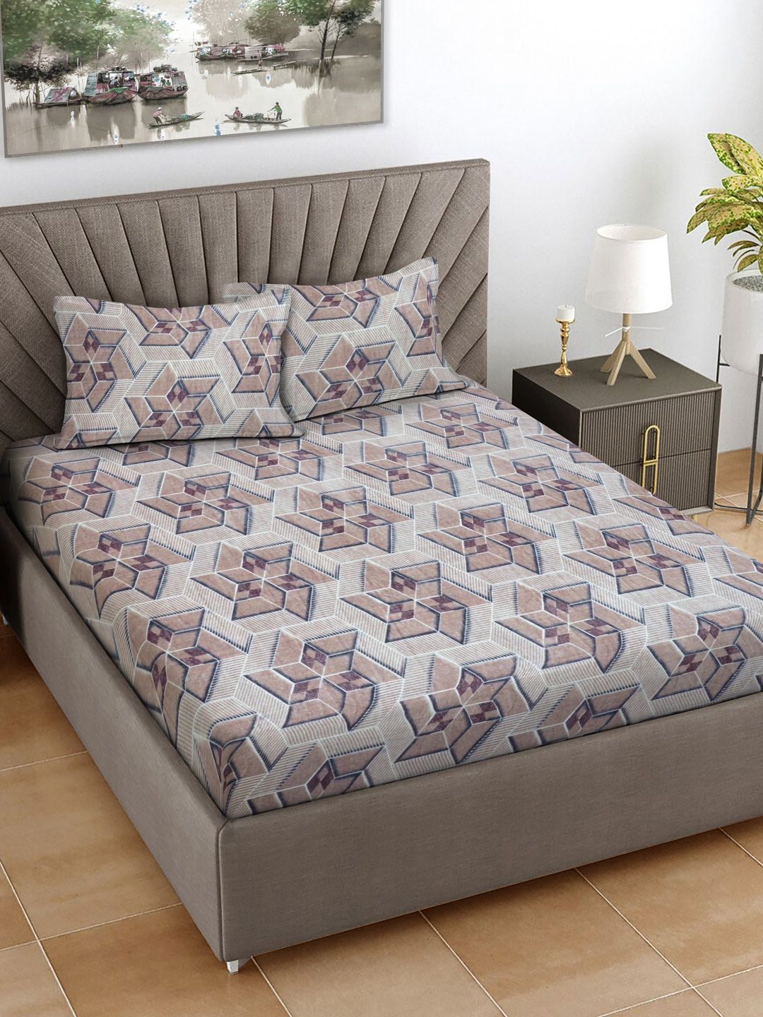 Myntra Elegant Homes Brown & Grey Printed Woollen 300 TC King Bedsheet Set 2.5 m x 2.25 m-picture-36
