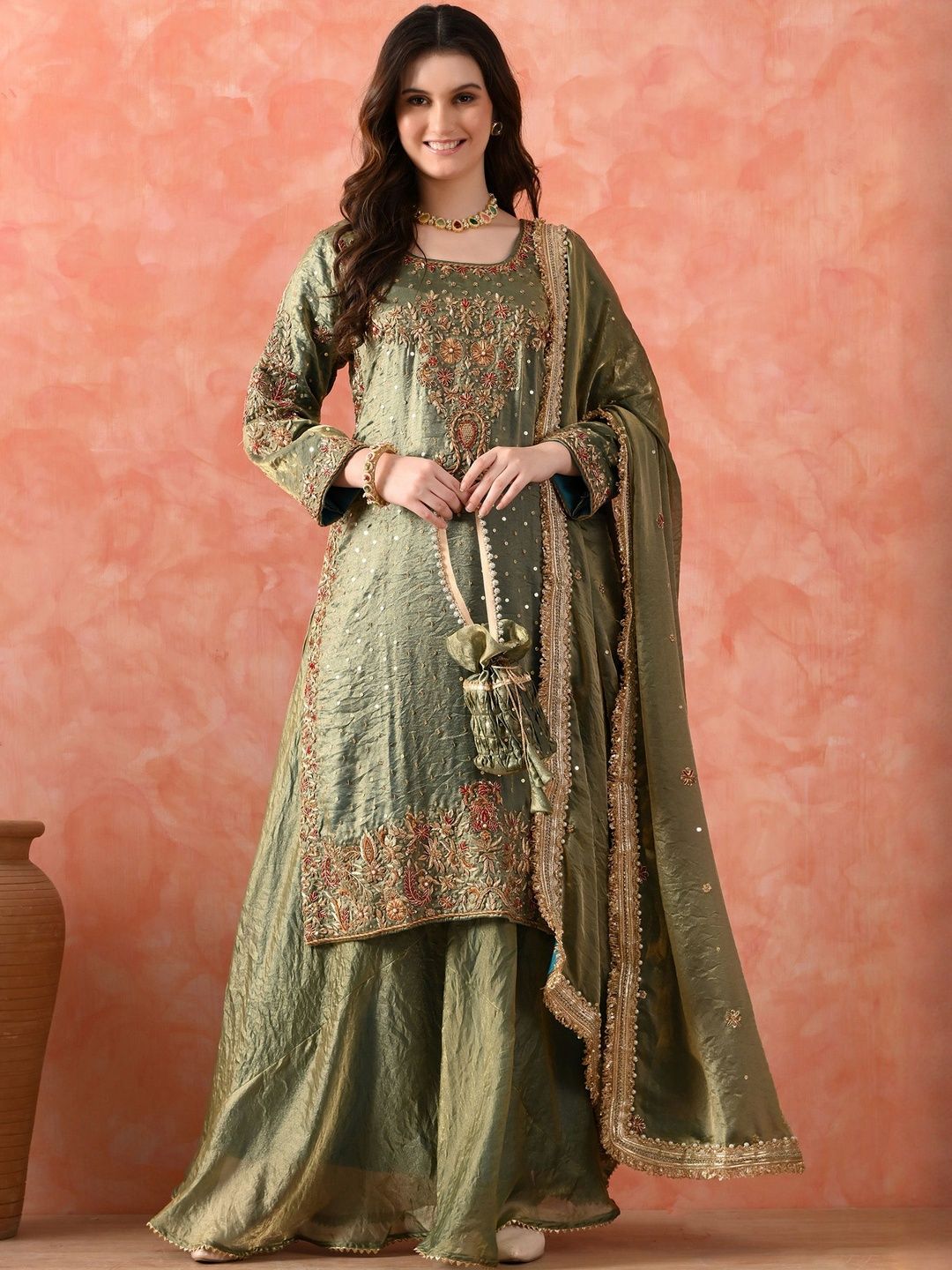 ZARIKALI Women Floral Embroidered Silk Kurta with Sharara & Dupatta-image-35